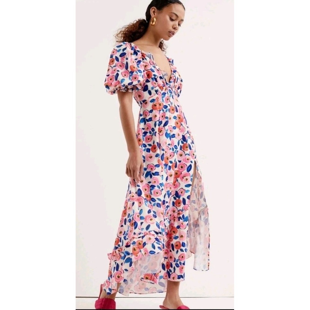 For Love & Lemons Gianna Midi Dress Floral Puff Sleeve Wedding Guest Cottagecore - Picture 2 of 10